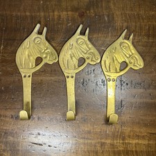 Vintage Brass Horse Head Wall Hanger Hooks Set of 3 Equestrian Tack Coat Hat picture