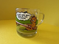 Vintage 1970s Garfield & Odie Clear Glass 10 fl oz Mug w/ Quote, Painted picture