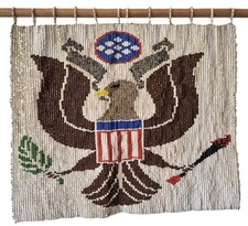 RARE Antique NATIVE AMERICAN Seed BEAD Patriotic EAGLE SEAL Banner WALL HANGING picture