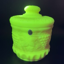 Fenton Grape Cable Canister Jar UV Glows Burmese With Sticker Heavy Glass Box picture