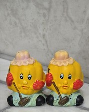 Vintage Anthropomorphic Fruit Head Cleaning Lady Salt Pepper Shakers Brush Pair picture