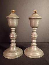 Pair Antique 1840s Freeman Porter Pewter Whale Oil Lamps Westbrook Maine No. 1 picture