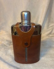 Vintage English Hip Flask Real Hide Leather Case Made in England Cup Lid picture