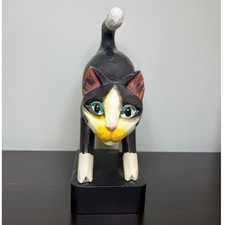 Vintage 1996 Tiger Lily Wooden Cat Doorstop Hand Painted Indonesian Folk Art picture