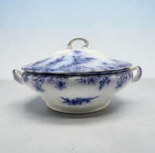 Antique W.H. Grindley Flow Blue Dover Covered Vegetable Dish / Soup Tureen picture