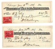 (2) 1901 CHICAGO IL HIBERNIAN BANKING ASSOCIATION BANK CHECK 2¢ DOC STAMP picture