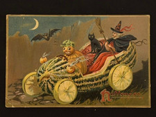Raphael Tuck Halloween Witch Watermelon Sleigh Pumpkin Cat 1908 Postcard picture