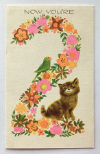 Vintage Happy Birthday Card SWEET KITTY CAT, NUMBER 2 IN FLOWERS, GREEN BIRD picture