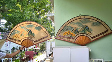 Vintage Pair Of Bamboo Oriental Chinese 46 Inch Wall Fans Great Wall Of China picture