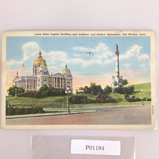 Iowa State Capitol Building Des Moines IA 1940s Linen Postcard Soldiers Monument picture