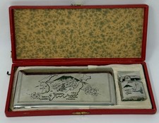 Vintage Japan Souvenir Cigarette Case & Lighter Gift Set Mt Fuji Map Boxed picture