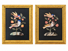 Pair Antique Italian Pietra Dura Plaques Birds Lapis Florentine Mosaic Framed picture