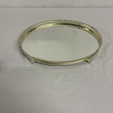 Vtg 60s Mid Century Modern MCM Large Brass Floral Mirrored Vanity Tray Barware picture