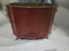 VINTAGE Medium RED Brass TOLE TOLEWARE Footed CACHEPOT PLANTER picture