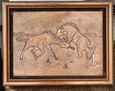 VTG Hand Leather Tooled/Carved/Embossed FIGHTING STALLIONS Artwork *Horse/Pony* picture