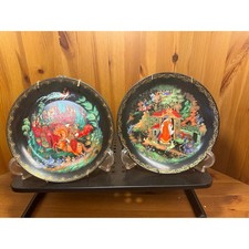 Vintage 1988 Russian Palekh Collector Plates Pushkin Fairytales Set of 2 picture