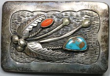 Native American Silver Belt Buckle Turquoise &  Coral Channel Inlay c. 1950s picture