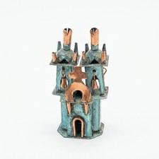 Vintage Miniature Copper Church Figurine Verdigris Patina Cathedral Sculpture 3” picture