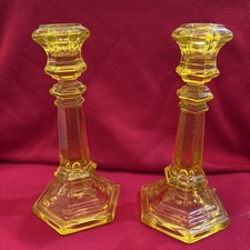 Antique C. 1850 Pressed Boston Sandwich Glass Canary Candlestick 9” Pair RARE picture