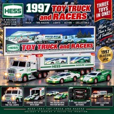 1997 Hess Toy Truck & Racers 2 Race Cars Original Box Vintage Collectible picture