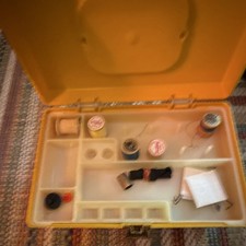 Vintage Original Yellow Plastic Sewing Kit Box with Assorted Sewing Supplies picture