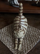 Handmade Striped Stretching Cat Figurine Clay Sculpture Cream & Brown picture