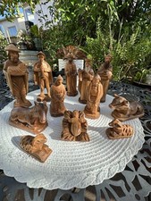 Exquisite 14 Pc Hand Carved Wooden Nativity Set Manger Hanging Angel Felt Bottom picture
