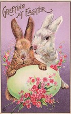 Easter Bunny Humanized Greeting Large Twin Rabbits Floral Egg Vtg Postcard I61 picture