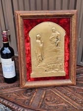 Antique P lenoir signed Metal bas relief marie a jesus Red velvet plaque picture