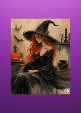 Red-Haired Witch & Black Cat | ACEO Art Card | Gothic Woman picture