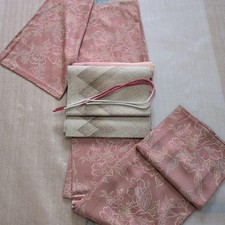 Dull Pink Kimono Set with Nagoya Obi & Accessories Silk Floral Full Set Japan picture