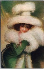 1910s Pretty Lady / Fine Art Postcard Woman in Green Dress / Fur Muff Large Hat picture