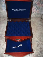PCS STAMPS & COINS BRILLIANT UNCIRCULATED SILVER QUARTERS EMPTY WOOD DISPLAY BOX picture