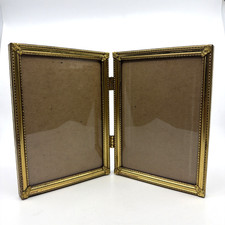 Vintage Gold Tone Double Hinged Metal 5x7 Photo Frame Ornate Mid Century picture