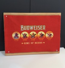 Vintage Budweiser Felt Banner King Of Beers & Logos On Wood Corkboard 22.5x17” picture