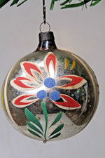 Vintage Blown Glass RED FLOWER on STEM Pictured BALL Christmas Ornament Poland picture