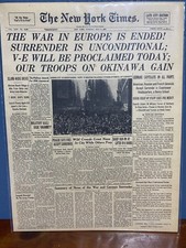 VINTAGE NEWSPAPER HEADLINE~WAR IN EUROPE OVER V-E DAY WWII 1945 GERMAN SURRENDER picture
