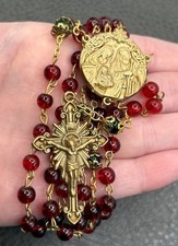Vintage Red And Green Glass Beads Christmas Rosary Crucifix Gold Tone 26” picture