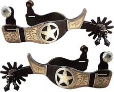 Western Antiqued Spurs with Silver Engraved Trims Rowel Jingle Bobs picture