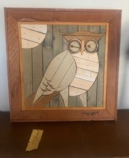 1970’s Theodore Degroot Wood Lath folk Primitive wall Art Austin OWL Moon MOD picture