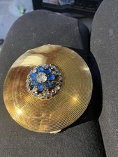 Rare Vintage Elizabeth Arden Blue & Clear Rhinestone Compact Gold Color 3.75” picture