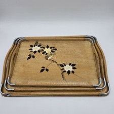 Vintage MCM Hand Painted Wood Nesting Trays Japan Asian Songbird Floral Set picture