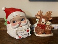 Lot Of 2 Vintage Napkin Holders Lefton Reindeer 6111 & Merry Christmas Santa picture