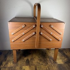 VTG Mid Century Strommen Bruk Hamar Norway Accordion Style Wood Sewing Box Fold picture