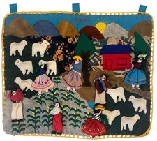 VTG Peruvian Arpillera Folk Art 3D Applique Tapestry Wall Hanging 19x16 Handmade picture