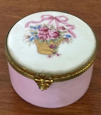 VINTAGE Limoges Castel France, Fait Main, Trinket Box, Pink Ribbon-Floral Basket picture