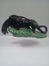 Vintage 1950s Mid Century Black Panther on Rock Base Ceramic Art Pottery picture