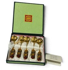 Vintage Korean Folk Metal Arts 24K Gold Plated Cloisonne Spoon Set Crane Phoenix picture
