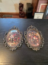 Vintage Victorian Ornate Brass Frames Convex Bubble Glass Floral Italy Set of 2 picture