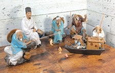 VTG 6PC LOT Shiwan Artistic Ceramic Factory Sitting MUDMEN Chinese Fisherman picture